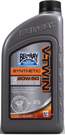 Bel-Ray V-Twin Synthetic Oil 20W50 in 1-liter bottle, ideal for motorcycle engine lubrication, showing the oil container and label.