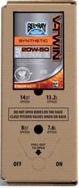 Bel-Ray V-Twin Synthetic Oil 20W50 in a 6-gallon bag-in-box, ideal for motorcycle engine lubrication.