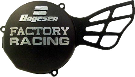 Boyesen Factory Racing ignition cover in black, designed for motorcycle engines, featuring a sturdy, sleek black finish.