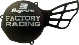Boyesen Factory Racing ignition cover in black, designed for motorcycle engines, featuring a sturdy, sleek black finish.