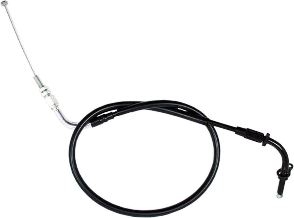 Motion Pro black vinyl throttle pull cable for motorcycles, showing the flexible control line with metal fittings and protective outer casing.