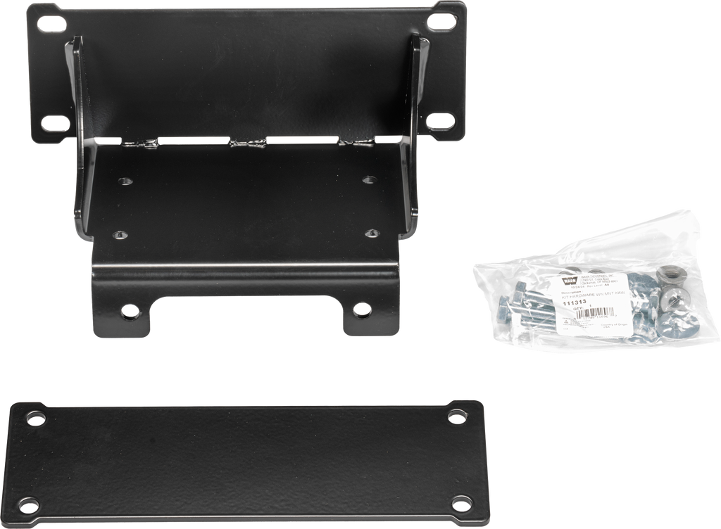 Warn winch mounting kit bracket for secure installation, featuring metal construction and mounting hardware for off-road vehicles.