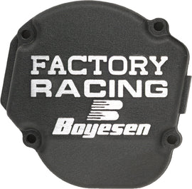 Boyesen Factory Racing Ignition Cover in black, designed for motorcycle engines, with a sleek black finish and precise fit.