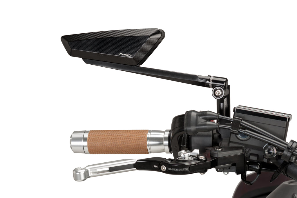 Black PUIG Hypernaked mirror right side, showcasing sleek design and reflective surface for motorcycle customization.