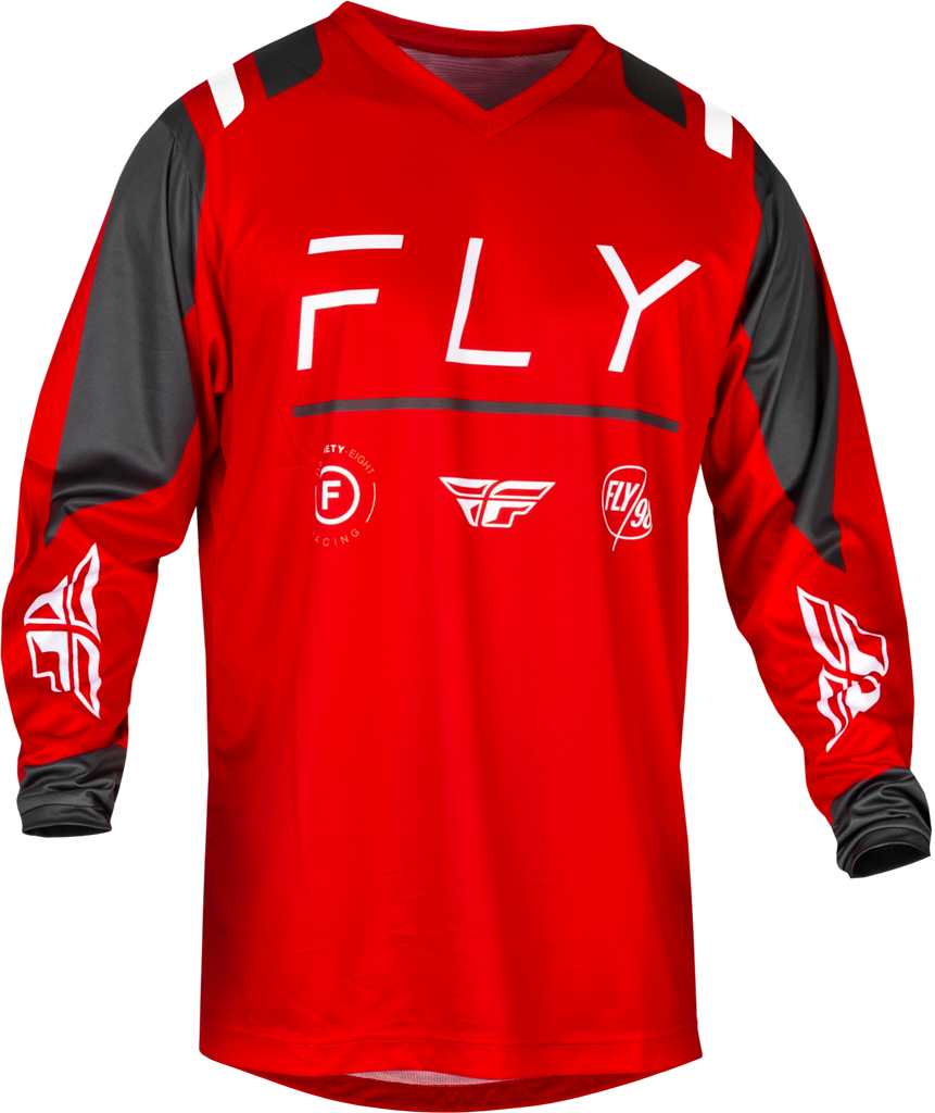 Fly Racing F-16 jersey in red, charcoal, and white, shown in size XL with a lightweight, breathable fabric design.