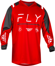 Load image into Gallery viewer, Fly Racing F-16 jersey in red, charcoal, and white, shown in size XL with a lightweight, breathable fabric design.
