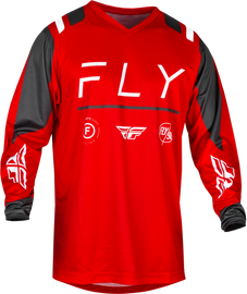 Fly Racing F-16 jersey in red, charcoal, and white, shown in size XL with a lightweight, breathable fabric design.