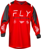 Fly Racing F-16 jersey in red, charcoal, and white, shown in size XL with a lightweight, breathable fabric design.