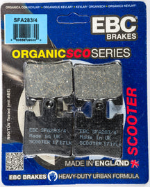 EBC Motorcycle Brakes organic brake pads Sfa283/4 with metal backing plate, designed for motorcycle braking systems.