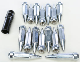 Sedona Spike Lug Nut 12mmx1.25 Chrome tapered wheel lug nut with 17mm head and key for vehicle wheels.