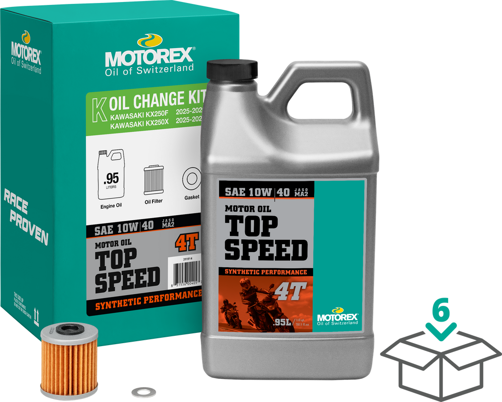 Motorex Top Speed Oil Change Kit 0.95L 10W40 for Kawasaki motorcycles, includes oil and necessary components.