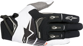 Pair of Alpine Star Techstar gloves in black and white, featuring protective design and adjustable straps for motorcycle riding.