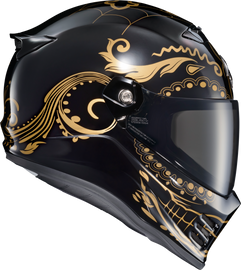 SCORPION EXO Covert Fx full face helmet in El Malo Gold and Gloss Black, featuring sleek design and ventilation.
