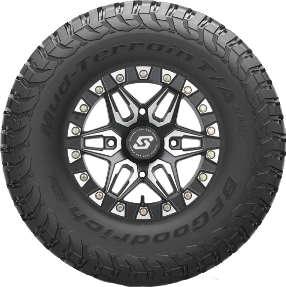 Bfgoodrich Mud Terrain KM3 tire for trucks, 27x9R14 radial, front or rear, rugged off-road tread pattern visible in the image.