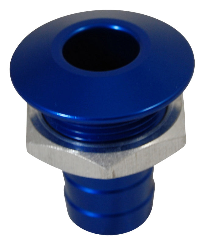 Blowsion Billet Thru-Hull Water Fitting for bilge pump outlet, blue body, durable marine-grade metal, model 18-2073BL