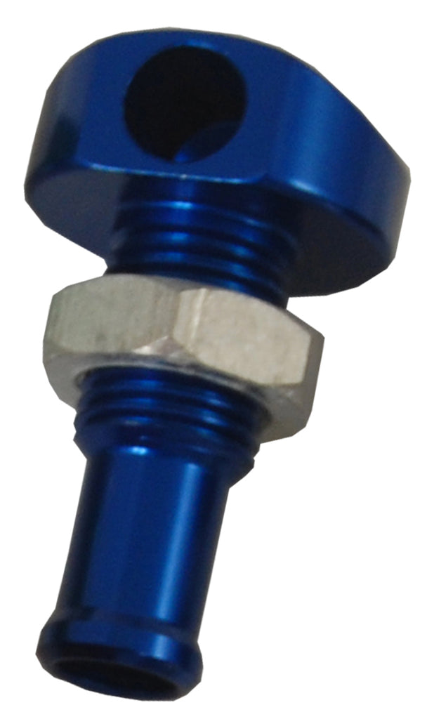 Blue Blowsion Billet Thru-Hull Water Fitting with 3/8-inch diameter and 90-degree angle for boat plumbing.