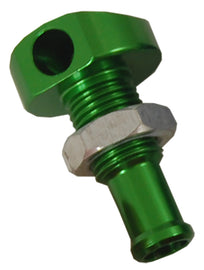 Blowsion Billet Thru-Hull Water Fitting in green, 3/8 inch, 90-degree body fitting for marine or watercraft applications.