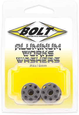 BOLT Aluminum Works Washers 18mm, 10-pack, durable fasteners for hardware and fittings, shown in a close-up image.