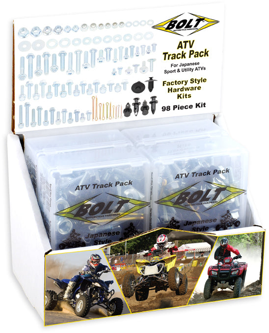 BOLT ATV Track Pack with 6 fasteners, hardware fittings for ATV maintenance, displayed in a package with branding and product details.