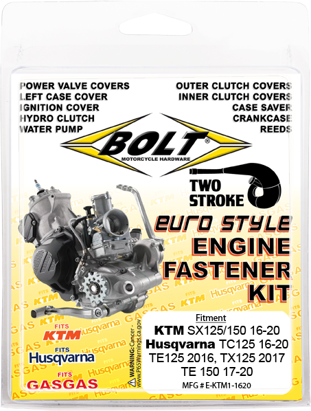 BOLT engine fastener kit for Husqvarna and KTM motorcycles, includes hardware and fittings for engine assembly.