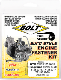 BOLT engine fastener kit for Husqvarna and KTM motorcycles, includes hardware and fittings for engine assembly.