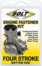 BOLT engine fastener kit for Kawasaki and Suzuki motorcycles, includes hardware and fittings for engine assembly.
