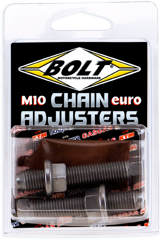 BOLT Euro Style M10 Chain Adjusters for Gas, Husqvarna, KTM bikes, hardware fasteners and fittings, part number 020-00189.