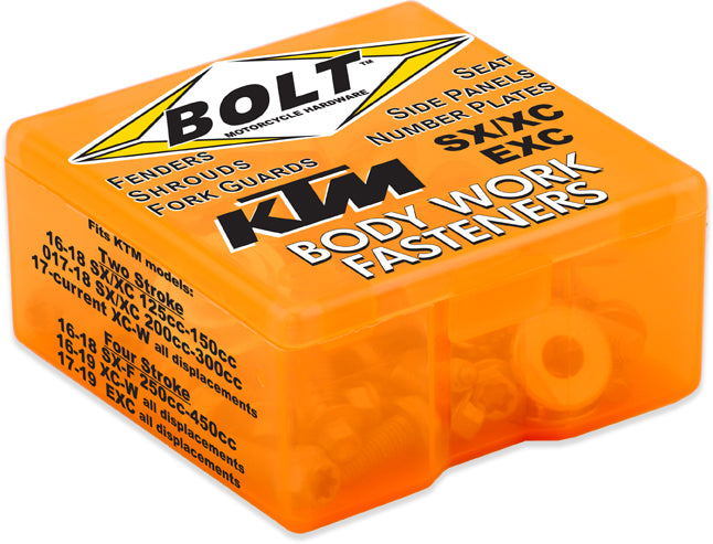 BOLT full plastic fastener kit for KTM motorcycles, includes various fittings and hardware components for secure assembly.