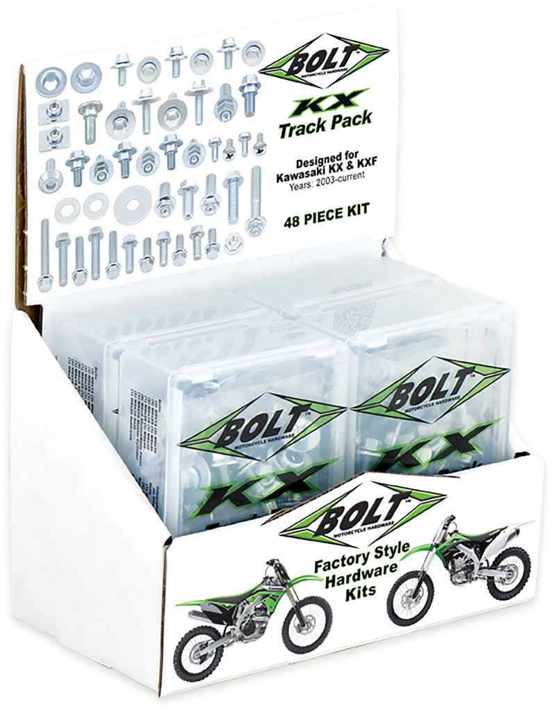 BOLT Kx Track Pack 6-piece display of hardware fasteners and fittings for secure track installation, by BOLT.