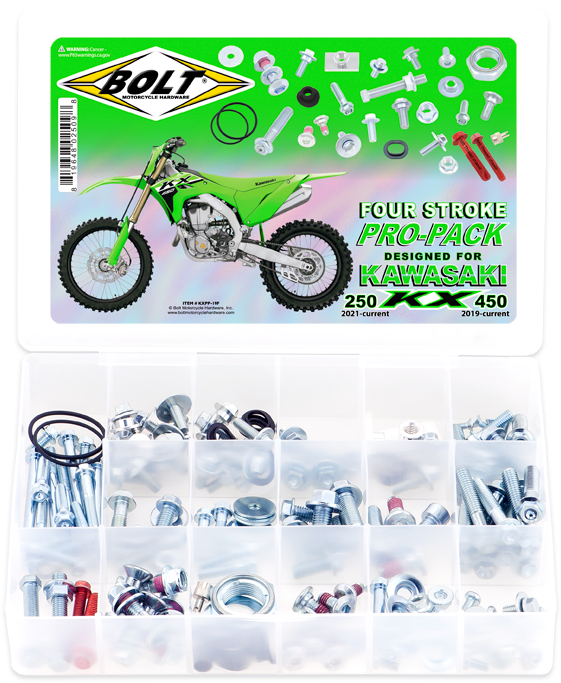 Set of four BOLT Propack Kawasaki fasteners for KX250 and KX450F dirt bikes, high-quality hardware and fittings.
