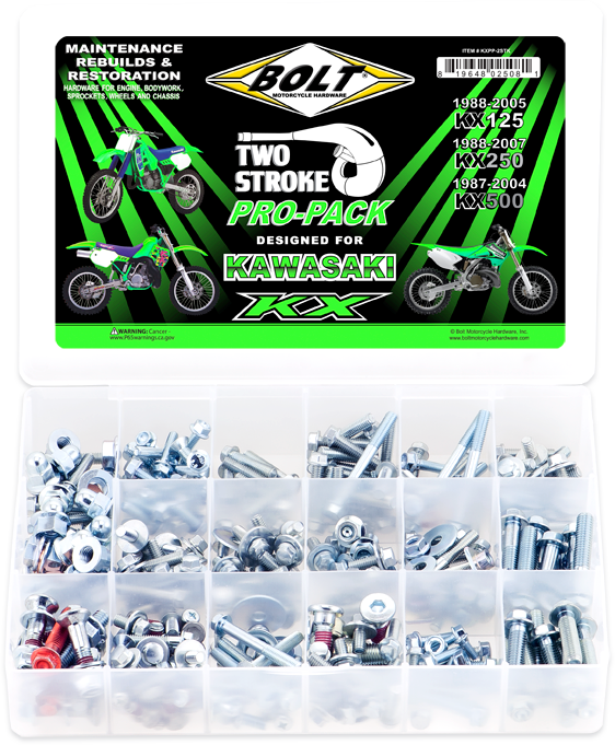 BOLT Propack Kawasaki KX hardware fasteners with two fittings for KX125, KX250, and KX500 models, part number 020-00178