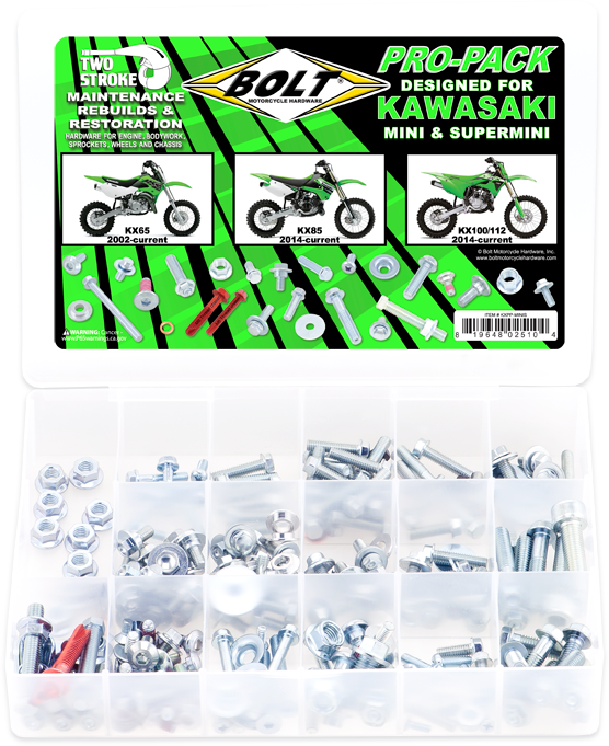 BOLT Propack Kawasaki mini hardware fasteners for KX65, KX85, KX100, and KX112 models, in a compact packet.