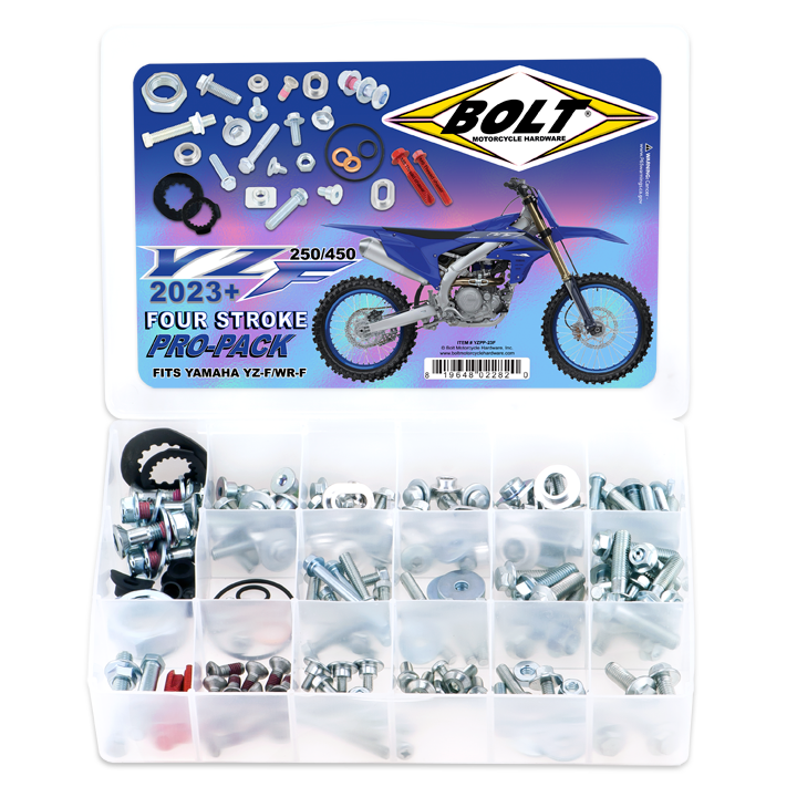 BOLT Propack Yam YZF, FX, WRF hardware fasteners and fittings for motorcycle assembly, in packaging with various metal components.