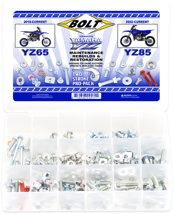 BOLT Propack Yamaha Mini hardware fittings for YZ65 and YZ85, includes two fasteners for motorcycle assembly.