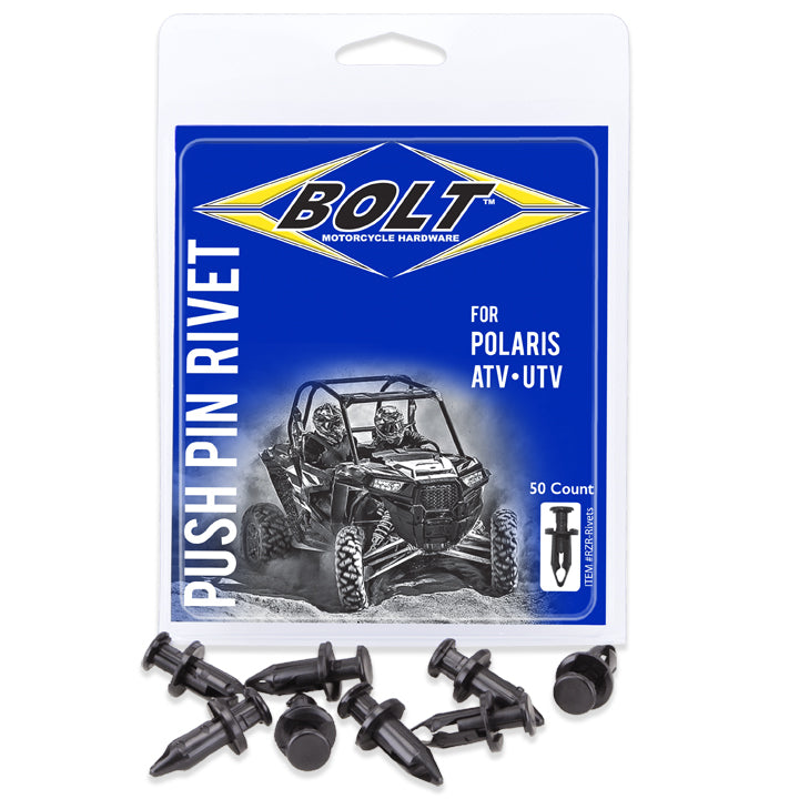 BOLT Pry Rivet Set for ATV/UTV, 50-piece M8 hardware fasteners fitting automotive and off-road vehicles.