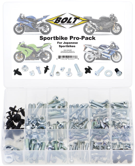BOLT Sport Bike Pro-Pack Kit hardware and fasteners for bike fittings, featuring assorted bolts, nuts, and connectors in a compact kit.