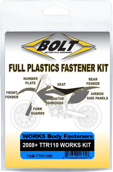 BOLT Works Body Work Fastener Kit for Yamaha TTR110, includes multiple fasteners and fittings for motorcycle body panels.