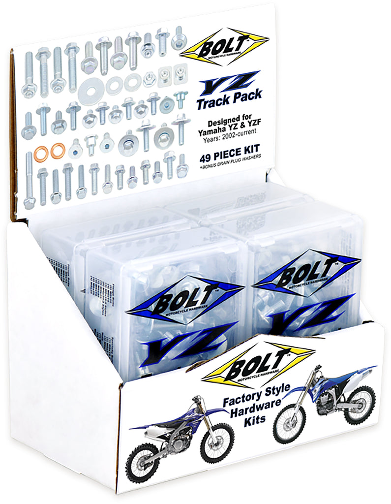 BOLT Yz Track Pack 6-piece hardware set with fittings, showing metal fasteners and connectors for track installation.