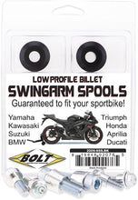 Load image into Gallery viewer, Black BOLT Swingarm Spools for motorcycle suspension, ideal for easy wheel removal and stability during maintenance.