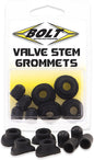 BOLT valve stem grommets and caps for tires and wheels, black rubber accessories with BOLT branding for secure tire sealing.