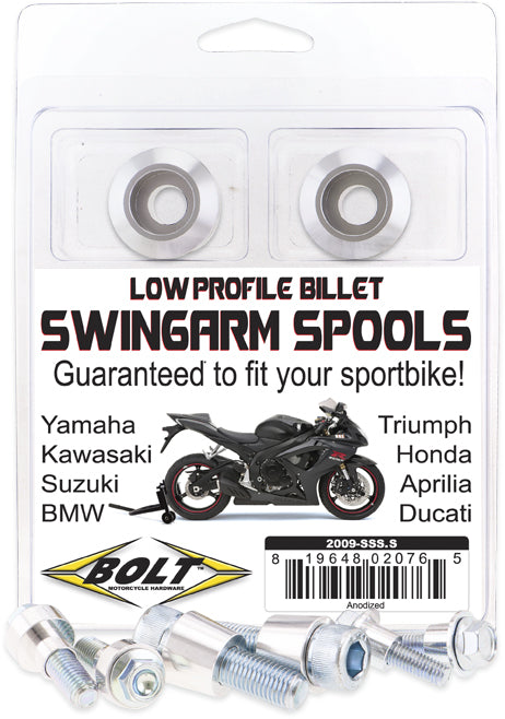 Silver BOLT Swingarm Spools for motorcycles, showcasing the durable metal construction and mounting hardware.