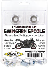 Load image into Gallery viewer, Silver BOLT Swingarm Spools for motorcycles, showcasing the durable metal construction and mounting hardware.