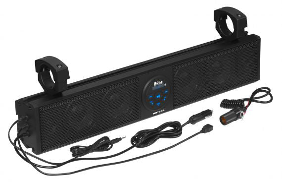 Boss Audio 26-inch Riot sound bar for audio and visual systems, featuring sleek design and multiple audio output ports.