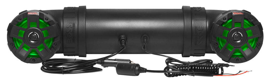Boss Audio 4-inch ATV/UTV tube system with RGB lighting and remote, designed for outdoor vehicle audio enhancement.