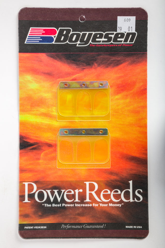 Boyesen motorcycle reeds for intake and carburetor fuel system, model 59-7609, installed in a motorcycle engine component.