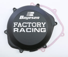 Boyesen Factory Racing Clutch Cover in black, designed for motorcycle clutch protection, featuring durable construction and branding.