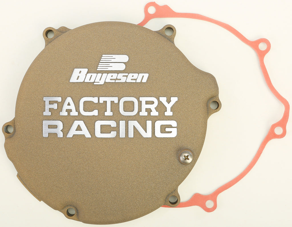 Boyesen Factory Racing Clutch Cover in magnesium, designed for high-performance motorcycle clutch systems, featuring durable construction.