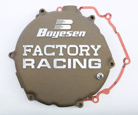 Boyesen Factory Racing Clutch Cover in magnesium for motorcycles, showcasing the lightweight and durable clutch cover design.