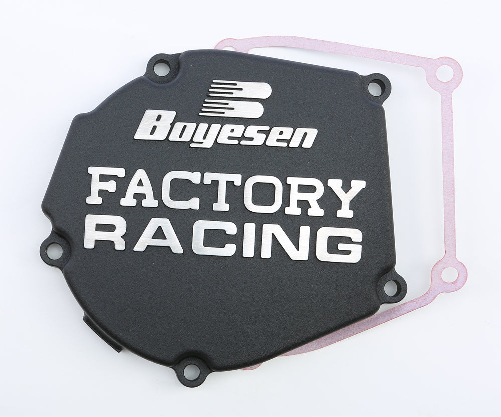 Boyesen Factory Racing Ignition Cover in black, designed for motorcycle ignition systems, with sleek black finish and durable construction.