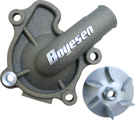 Boyesen magnesium waterpump cover and impeller kit for motorcycles, shown with cover and impeller components.